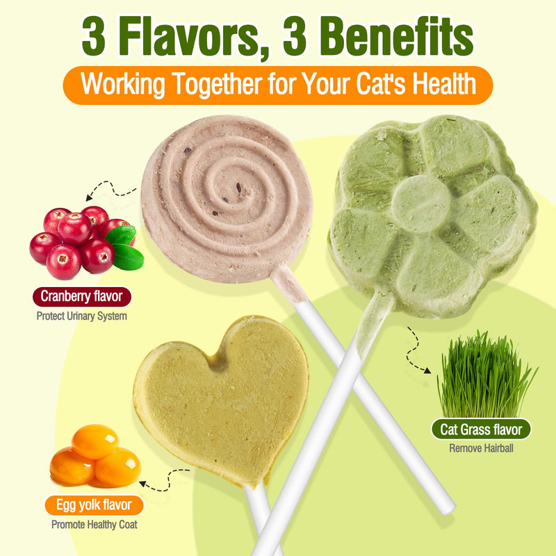 21pc Cat Lollipop Treats, Cat Grass Treats High Protein Nutrient Rich for Hairball Control and Healthy Coat, Cat Treats with Catgrass, Cranberry, Egg Yolk Flavor
