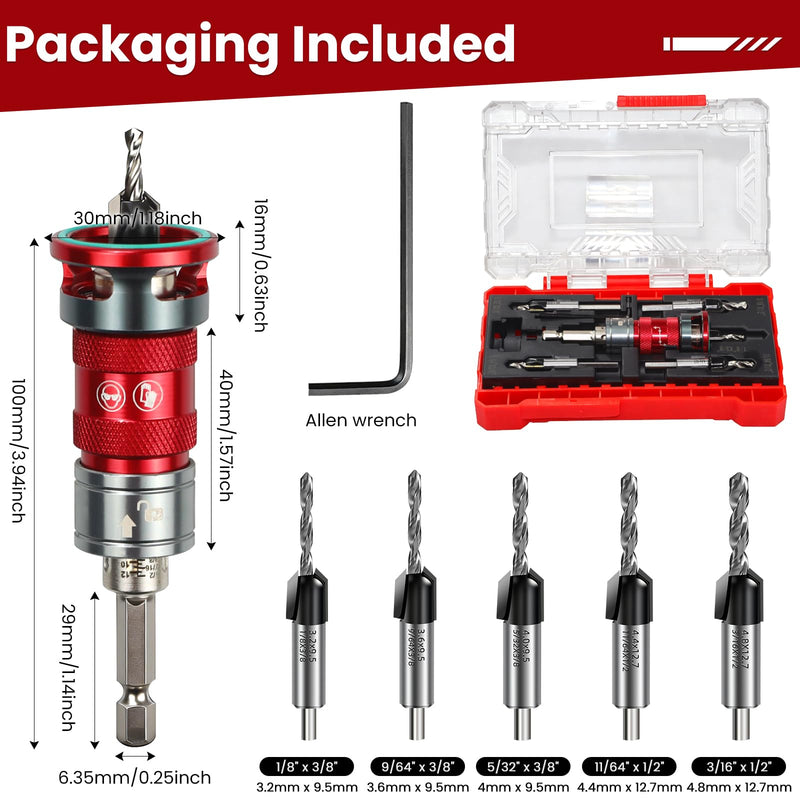 6 PCS Quick-Adjust Countersink Drill Bit Set, Auto-Locking Depth Adjustment, Auto-Stop Aluminum Alloy Collar, 5 HSS M2 Bits with 82-Degree TCT Cutters, 1/4" Hex Shank Counter Sink Drill Bit for Wood 6 PCS Quick Adjust Set
