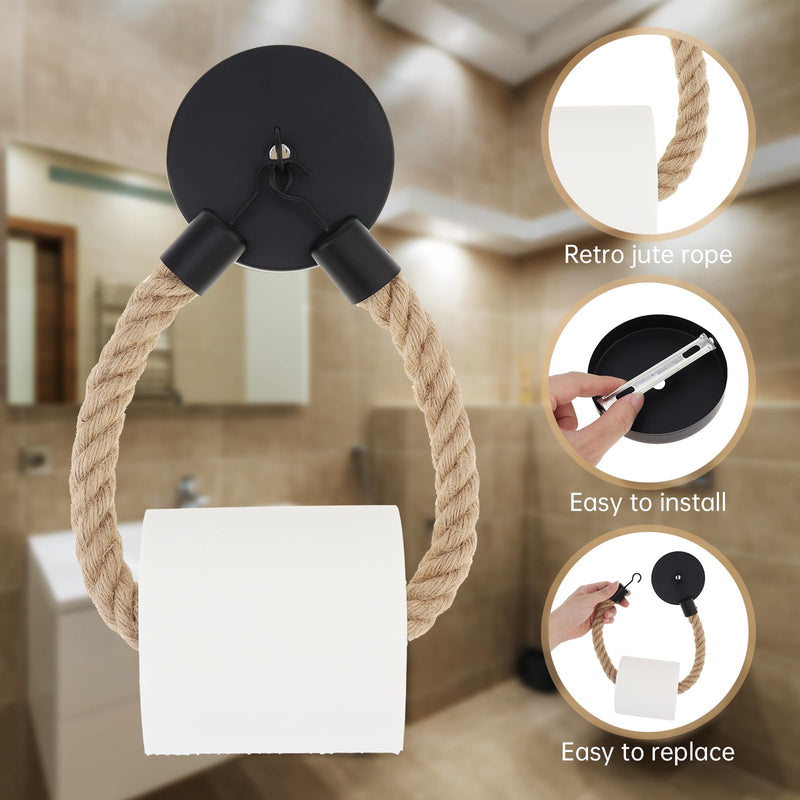 2 Pack Nautical Retro Hand Towel Ring Rope Toilet Paper Holder Wall Mounted for Bathroom or Kitchen,Pipe Rope Towel Ring,19.7 Inch Rope Tissue Holder (Iron, 2)