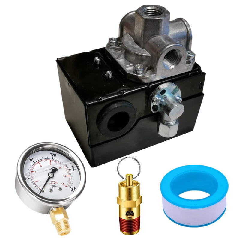 56288020 Pressure Switch for Ingersoll Rand 175/140 PSI - 4 Port 56288020-01 with 200 Psi Pressure Gauge