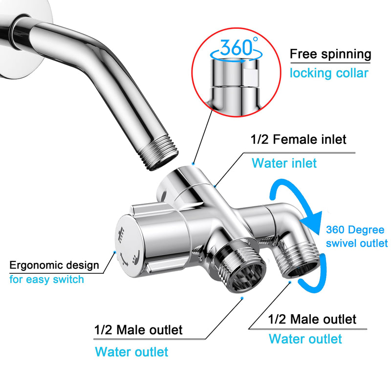 Solid Brass 3 Way Shower Arm Diverter Valve for Handheld Shower Head and Fixed Spray Head, G1/2 Universal Bathroom System Component Replacement Part (Chrome Finish) Chrome