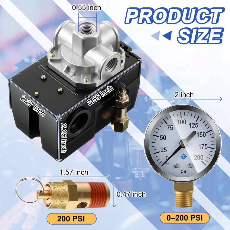 Dreyoo Air Compressor Pressure Switch 90-120 4-Port 20 Amp with 0-200 PSI Gauge and 200 PSI Safety Relief Valve, 1/4" NPT Replacement Pressure Switch Parts for Air Compressor 90-120 PSI