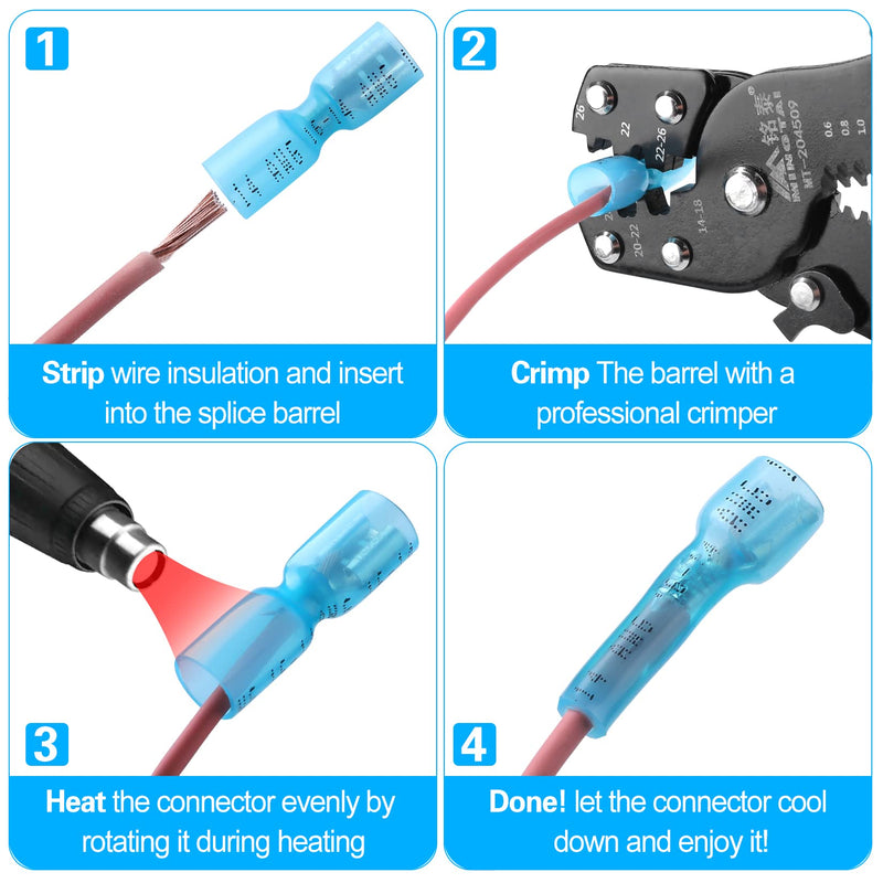 100 PCS 16-14 AWG Waterproof Heat Shrink Quick Disconnect Connectors, Crimp Electrical Wire Female Spade Connectors Insulated Disconnect for Marine Automotive Motorcycle Home Wiring (Blue) [16-14 AWG] Female x 100