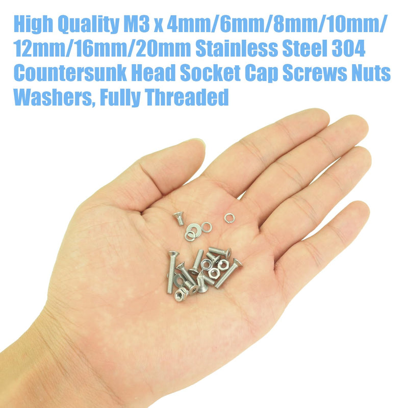 DYWISHKEY 566 Pieces M3x 4/6 /8/10 /12/16 /20mm Countersunk Head Socket Cap Screws Nuts Washers Assortment Kit, M3 Flat Head Screws Kit, 304 Stainless Steel