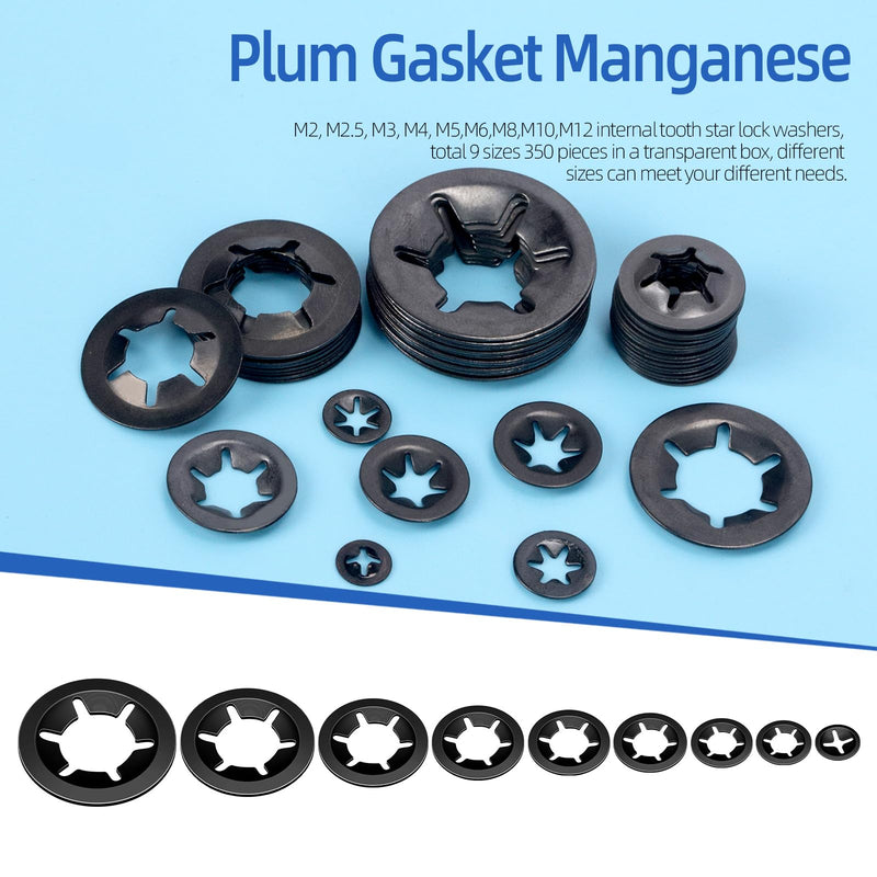 Glarks 351pcs 65Mn-Steel Internal Tooth Star Lock Washers Assortment Kit M2 M2.5 M3 M4 M5 M6 M8 M10 M12 Quick Speed Locking Washers Push on Locking Washers