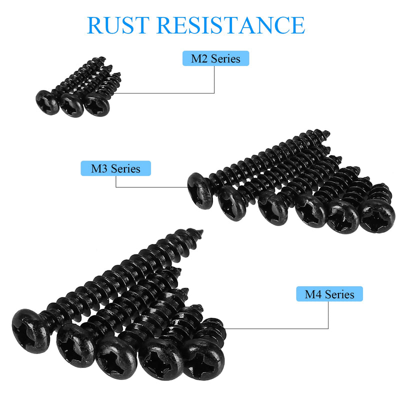 625pcs M2 M3 M4 Phillips Pan Head Self-Tapping Wood Screws,14 Sizes Cross Recessed Round Head Self Tapper Screws Assortment Kit for Wood,Plastic and Soft Metal,Black Carbon Steel,Sharp Point Black:625Pcs Pan Head M2-M3-M4