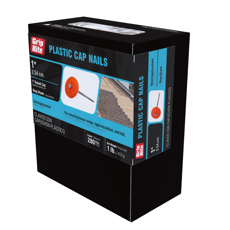 Grip-Rite 1PRCAP1, #12 x 1 Plastic Cap Roofing Nail, Electrogalvanized, Diamond Point Ring Shank, 1lb Box