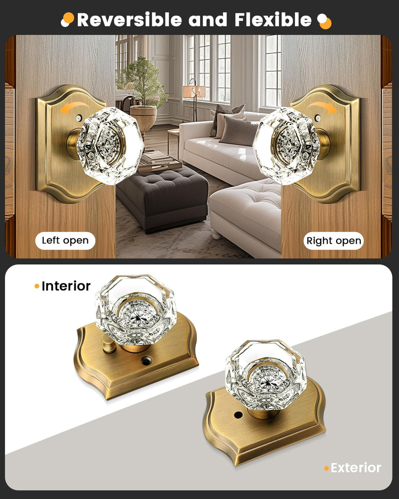 Gobrico Transparent Glass Door Knobset Interior,Privacy Diamond Crystal Door Lockset in Antique Brass,Keyless for Interior Bath/Bed,Push Pin Button Inside Lock?1 Pack 1