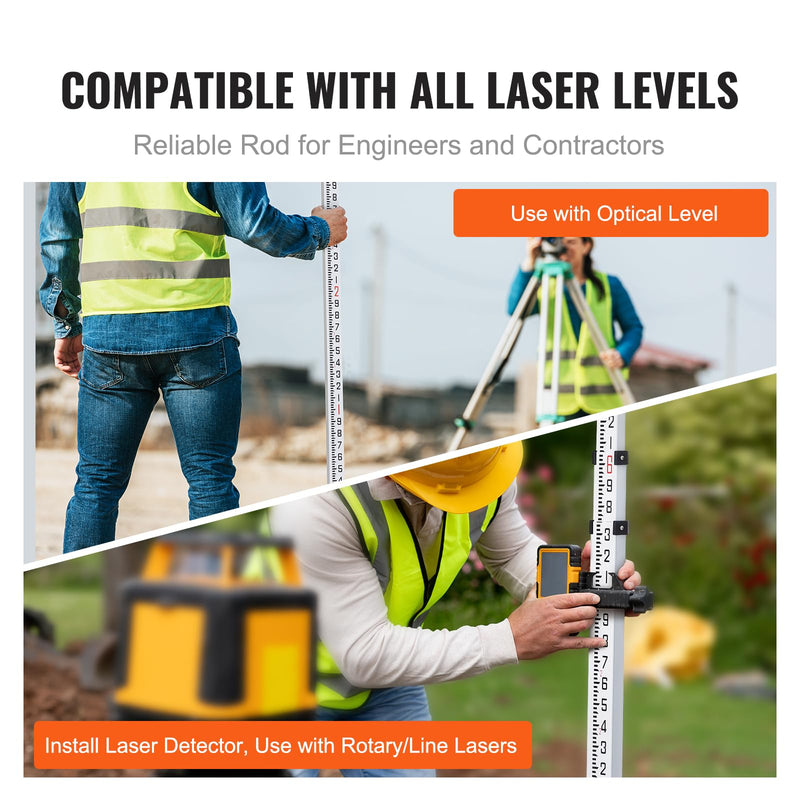 VEVOR Aluminum Grade Rod, 9-Feet/8ths 3 Sections Telescopic Measuring Rod, Double-Sided Scale 1/8in Leveling Rod Stick,Aluminum Alloy Survey Rod with Bubble Level &Carrying Bag for Houses,Walls,Floors 9 FT-8ths