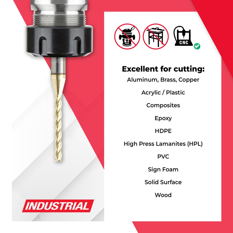 Amana Tool CNC Router Bits for 2D/3D Carving Flat Bottom, ZrN Coated, 46292, 0.10 Deg Angle x 1/8 Dia x 1-3/32 x 1/4 Shank x 2-1/2 Inch Long x 4 Flute