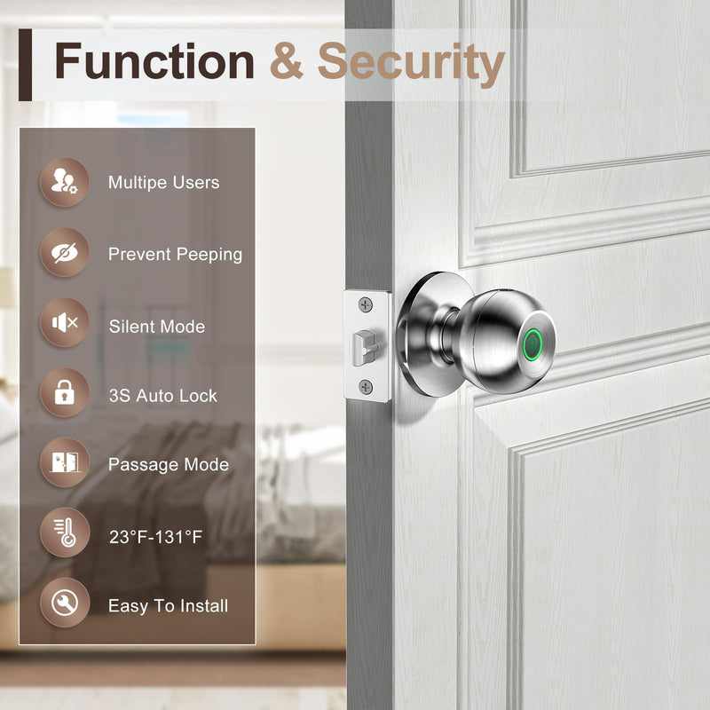 Fingerprint Door Lock，Smart Door Knob, Smart Lock Biometric Door Lock Fingerprint Door knob with App Control Suitable for Bedroom,Utility Room,Apartments Offices,Hotels(Silver) Silver