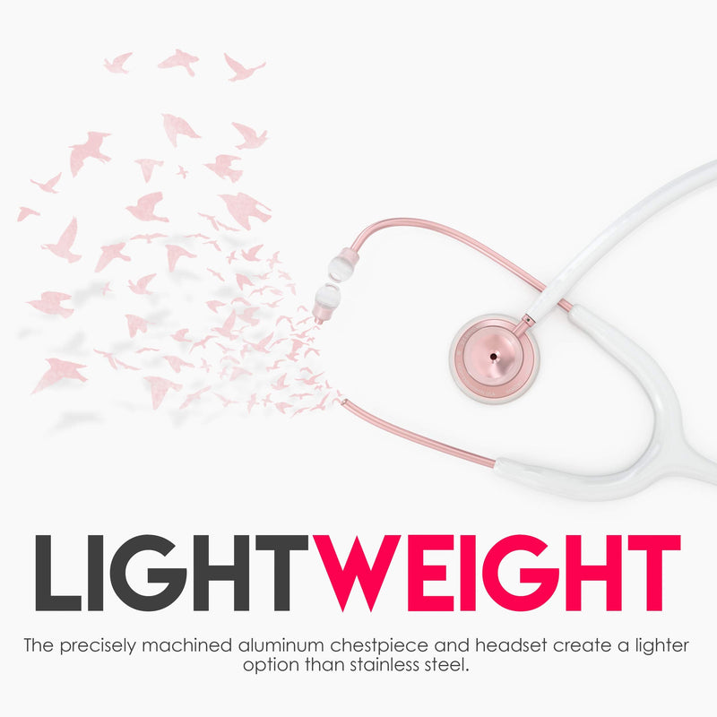 MDF Instruments, Acoustica Lightweight Stethoscope for Doctors, Nurses, Students, Home Health Use, Adult, Dual Head, White Tube, Rosegold (Matte Finish) Chestpiece-Headset, MDF747XPRG29 RoseGold (Matte) - White