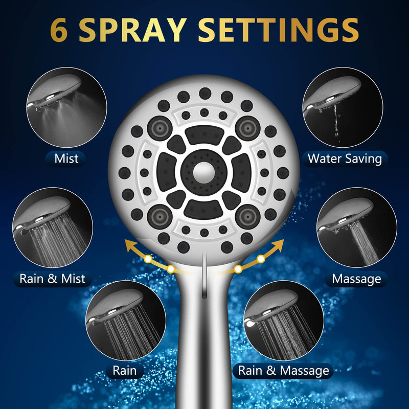 6 Spray Modes High Pressure Handheld Showerhead Set Upgraded 5 Inches Shower Head with Handheld Spray Premium Chrome Handheld Shower Head 60 Inches Stainless Steel Hose-1-Min Install 6 Modes ‎Premium Chrome