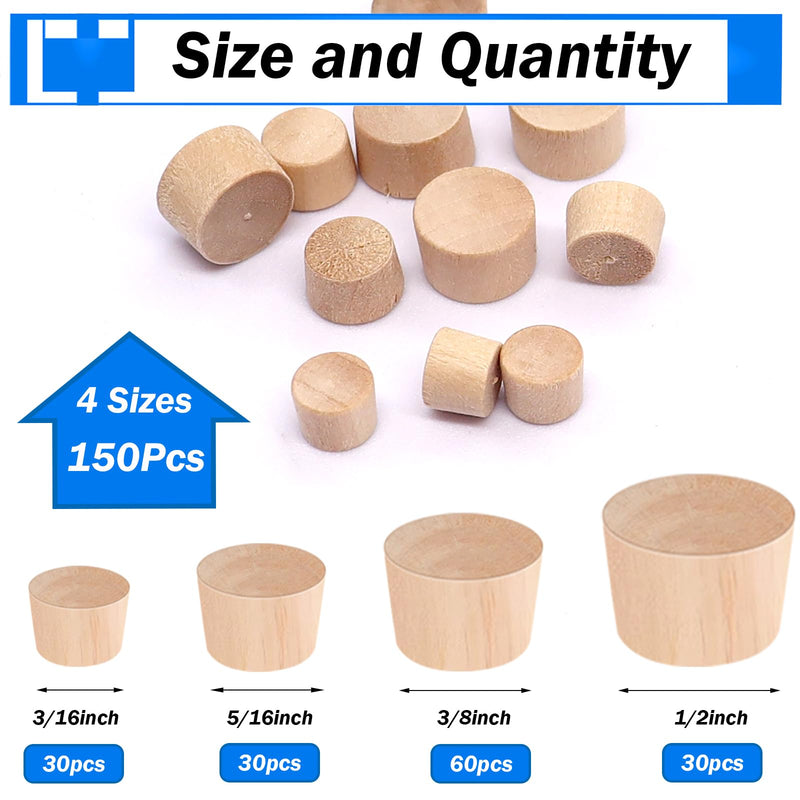 smseace 150Pcs 4-Sizes Wood Plugs 3/16" 5/16"，3/8"，1/2" Wooden Hole Plugs for Holes in Furniture/Table and Chair Legs/Cabinet Reserved Holes/Outdoor Equipment Wood Plugs Assortment Kit Round Wood Plugs