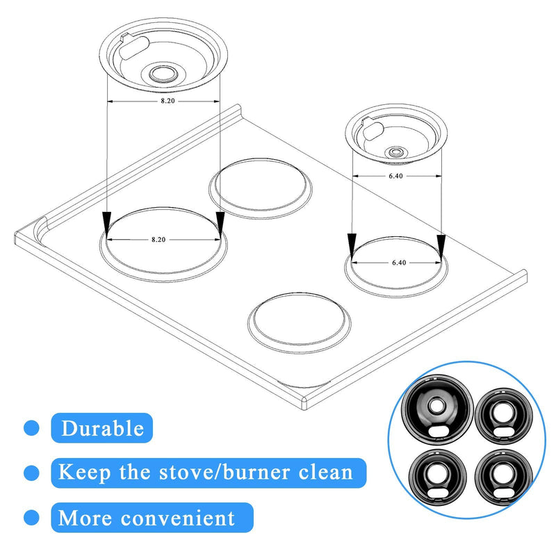 W10290350 W10290353 Burner Porcelain Drip Pans Set Replacement by APPLIANCEMATES Fits whirlpool Electric Range Stove Top Drip Bowls 4-Pack Includes 1 Large 8-Inch and 3 Small 6-Inch (Black)