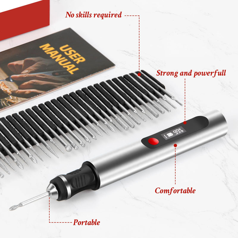Engraving Pen, Ultimate Cordless Engraving Pen for Artists & DIYers - Engrave 60+ Surfaces - Beginner Friendly- 30 Bits & Mastery Guide (Grey) Grey