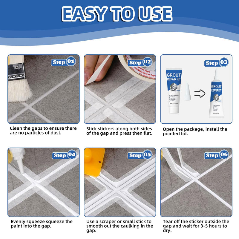 Tile Grout Repair Kit, 2 Pack White Grout Filler, Fast Drying and Waterproof Tile Grout Repair for Bathroom Shower Kitchen, Restore & Renew Tile Joints Line