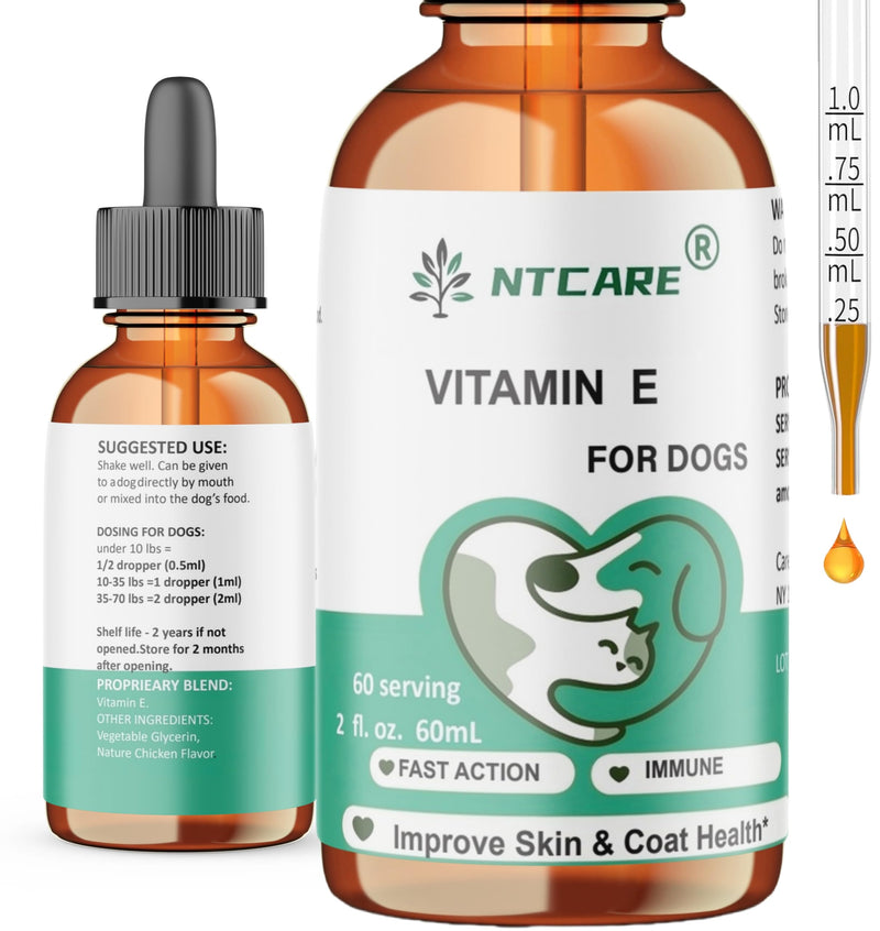 Vitamin E Oil for Dogs, 2 fl oz, Immune Support, Skin and Coat Health Supplement, 60 Servings