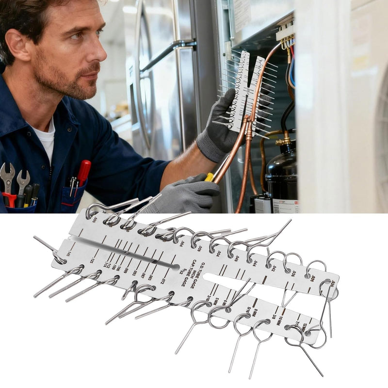 Stainless Steel Capillary Tube Gage Dual Claw Design Bilingual Scale for Refrigeration Systems, Enhancing Measurement Efficiency, with Inside and Outside Thickness Measure, for