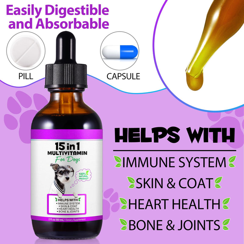 Dog Multivitamin, 15 in 1 Dog Multivitamin Liquid Drops Supplements, Dog Vitamins for Support Skin & Coat, Heart Health, Bones, Joint, Immune System Support, 60ml