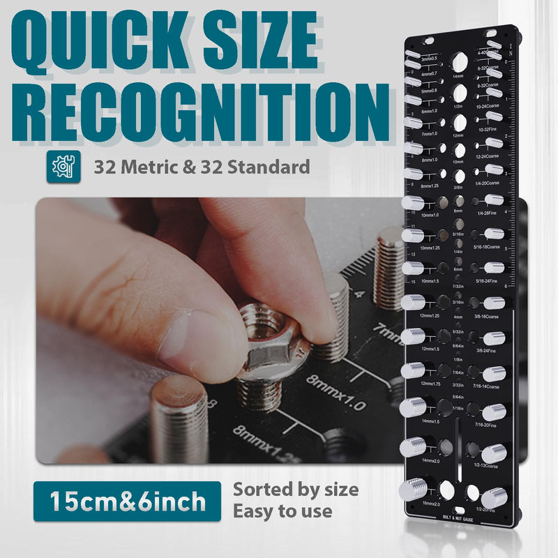 Thread Checker, 32 Nut and Bolt Thread Checker, Bolt Size and Thread Gauge 16Standard & 16 Metric, Bolt Size Finder, Wall-Mountable Bolt Thread Identifier Gauge with Inch & CM Ruler