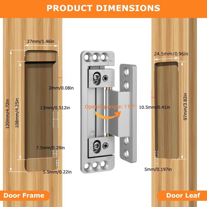 Hidden Door Hinges, 2Pack Adjustable Concealed Hinges 110Lbs Load-Bearing Heavy Duty Pivot Hinge 110° Swinging Invisible Hinges for Secret Doors, Bookcase, Shelf & Murphy Door Silver