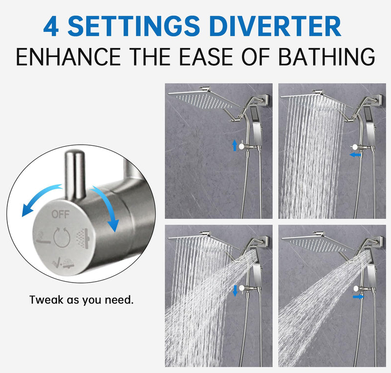 G-Promise Metal Shower Diverter with Low Handheld Holder, 3-Way Diverter Valve with Pause Mode for Handheld and Fixed Shower Head, 4-Settings Universal Bathing System Replacement Part(Brushed Nickel) Brushed Nickel
