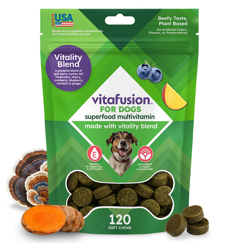 VitaFusion for Dogs Superfood Multivitamin – Daily Immune, Skin & Bone Support with Vitamins A, D & E + Antioxidant Superfoods – Vet Formulated Wellness for Puppies to Senior Dogs, 120 Chews.