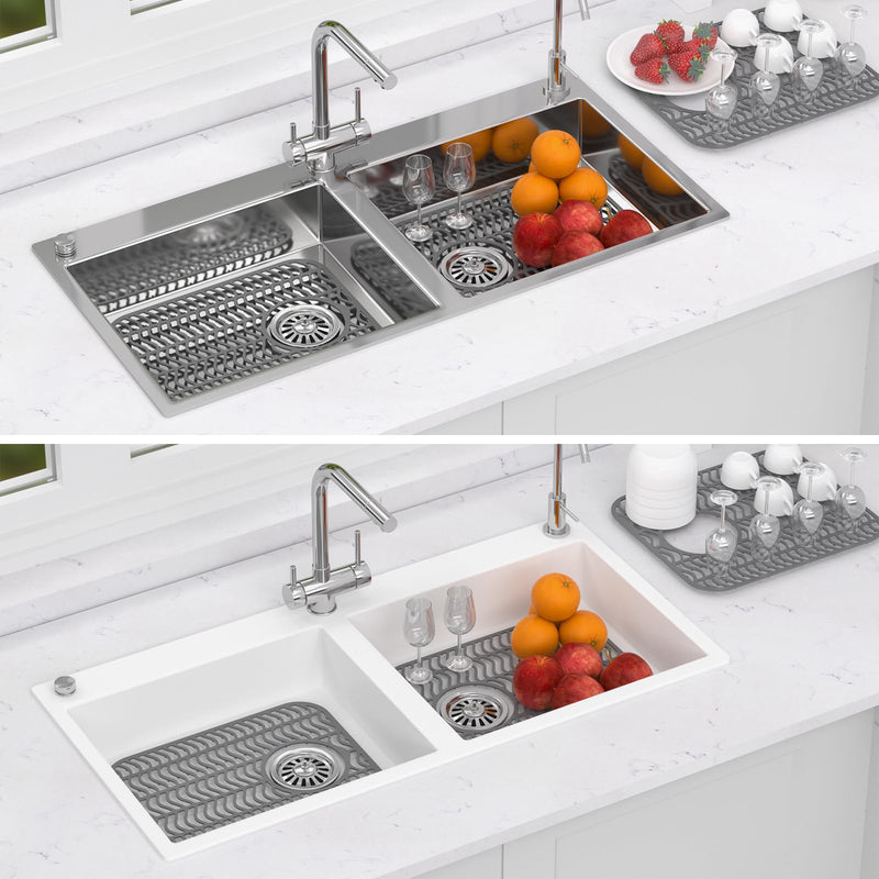 Kitchen Sink Mats, TOOVEM 2PCS Non-Slip Heat Resistant Silicone Sink Mats Protectors Kitchen Sink Mat for Bottom of Farmhouse Stainless Steel Porcelain, 13.58 x 11.6 Inch Gray