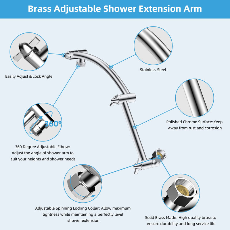 Hibbent All Metal 16'' Shower Head Extension Arm Solid Brass Flexible Height & Angle Adjustable Shower Arm Extender with Lock Joint, Universal Connection Stainless Steel Pipe Height Extending, Chrome 16 Inch