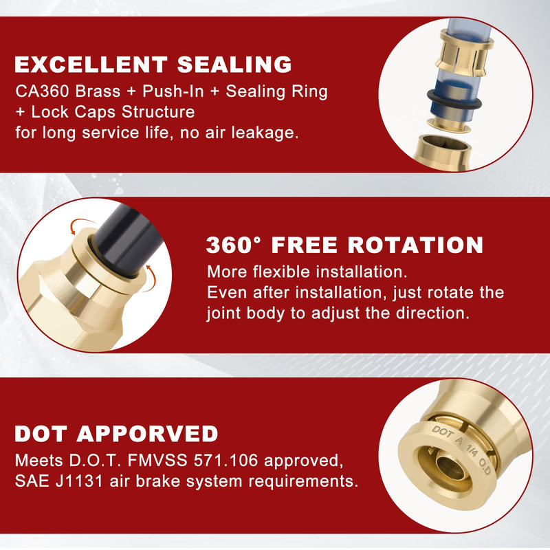1/4" Quick Push to Connect Fittings Brass Union Straight Joint DOT Approved 1/4" Tube OD x 1/8" NPT Thread Air Line Adapter Air Suspension Kit for Truck Trailers and Air Brake System 4pcs 1/4"OD × 1/8"NPT Thread Male Straight-4pcs