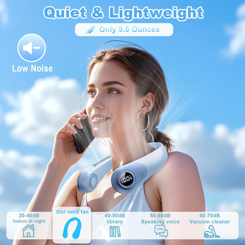 Portable Neck Fan that Blow Cold Air, LED Display, Rechargeable Hands-Free Wearable Cooling Personal Fan, 5 Speed, Neck Support, Bladeless Neck Air Conditioner, Gifts for Women/Men, Hot Flashes Light Blue