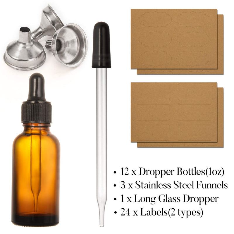 12 pcs, 1 oz Amber Dropper Bottles for Essential Oils w/ 3 Stainless Steel Funnels & 1 Long Glass Dropper - 30ml Glass Bottles with Eye Droppers - Liquids Tincture Bottles, Leak Proof Travel Bottles