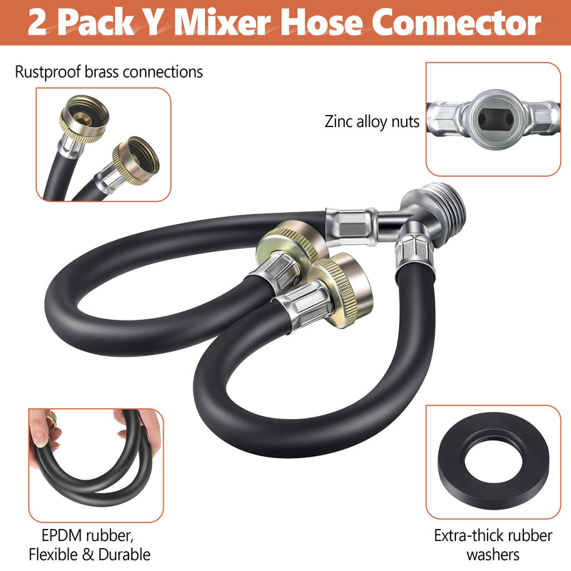 Dreyoo Rubber Washing Machine Y Hose, 3/4 Inch Brass Fittings, 1 ft (12 Inch) Length Hot and Cold Water Supply Y Mixer Hose Connector for Washing Machines Outdoor Garden Faucets(2 Pcs) 2
