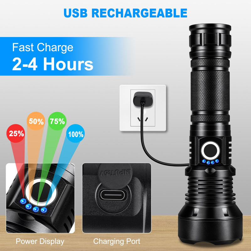 KINGCAESAR Flashlights High Lumens Rechargeable, 2 Pack 90,000 Lumens Super Bright Flashlight, 5 Modes LED Flashlight, IPX7 Waterproof Powerful Flash Light for Home, Outdoor Activities