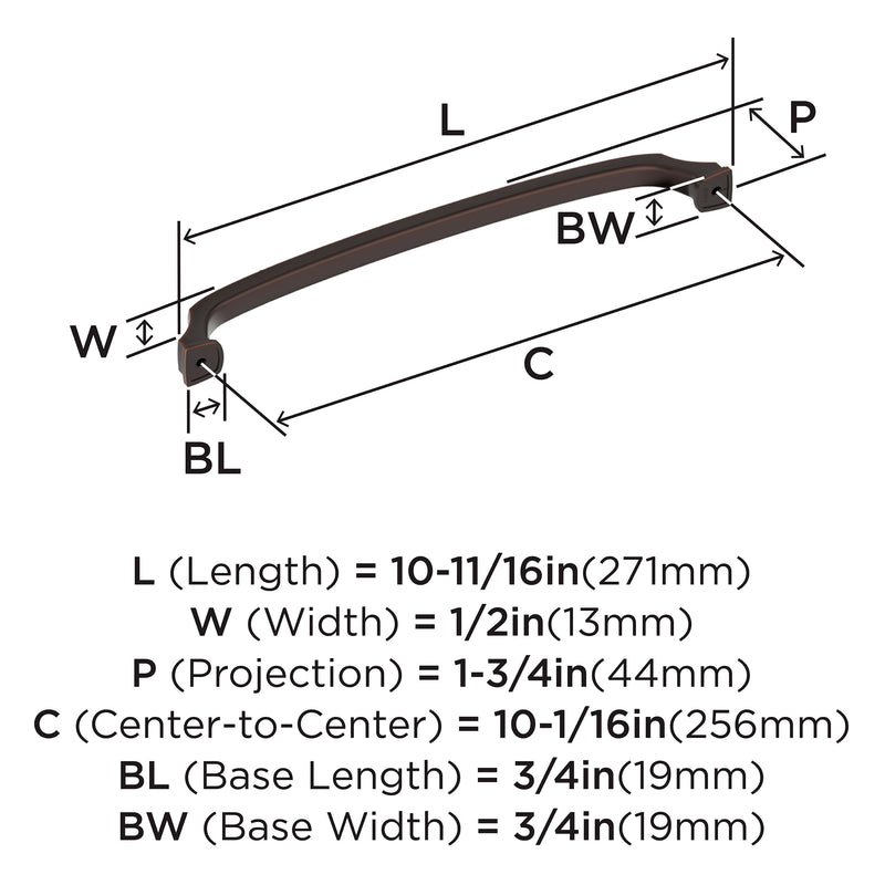 Amerock 10-1/16" Revitalize Oil-Rubbed Bronze Drawer Pull | 10-1/16 inch (256mm) Center-to-Center Mounting Distance and 10-11/16 inches Overall Length, Durable Zinc Cabinet Hardware 10-1/16 Inch (256 mm) Center-to-Center Oil Rubbed Bronze