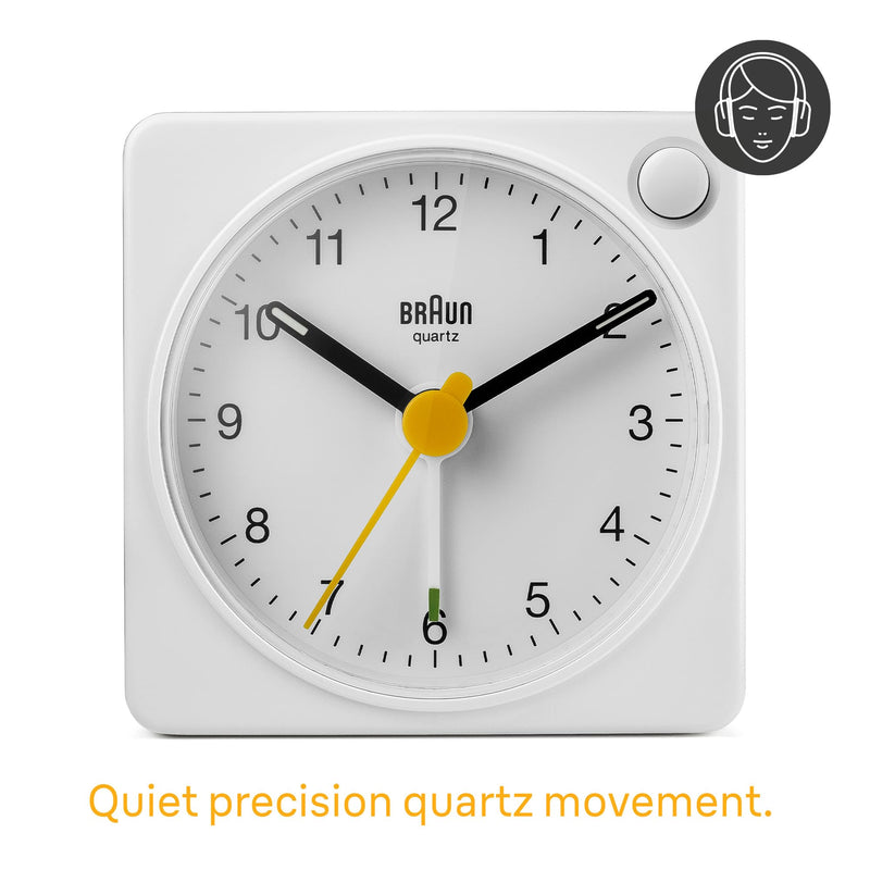 Braun Classic Travel Analogue Alarm Clock with Snooze and Light, Compact Size, Quiet Quartz Movement, Crescendo Beep Alarm in White, Model BC02XW.