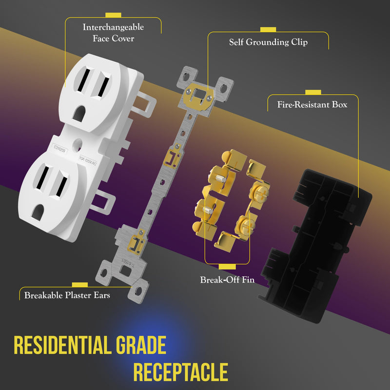 ENERLITES Duplex Receptacle Outlet, Residential Grade Electrical Wall Outlet, 15A 125V, Self-Grounding, 2-Pole, 3-Wire, UL Listed, 61581-W-10PCS, White (10 Pack) Glossy White 10