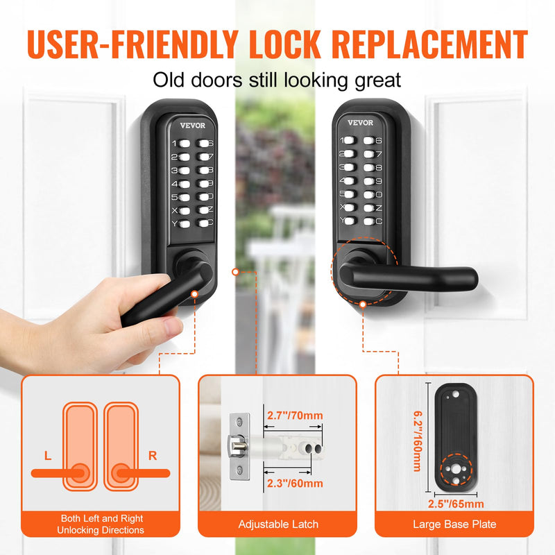 VEVOR Mechanical Keyless Entry Door Lock, 14 Digit Keypad, Double-Sided Embedded Outdoor Gate Door Locks Set with Keypad and Handle, Water-Proof Zinc Alloy, Easy to Install, for Garden, Yard, Garage Black Mechanical + Embedded + Double Side
