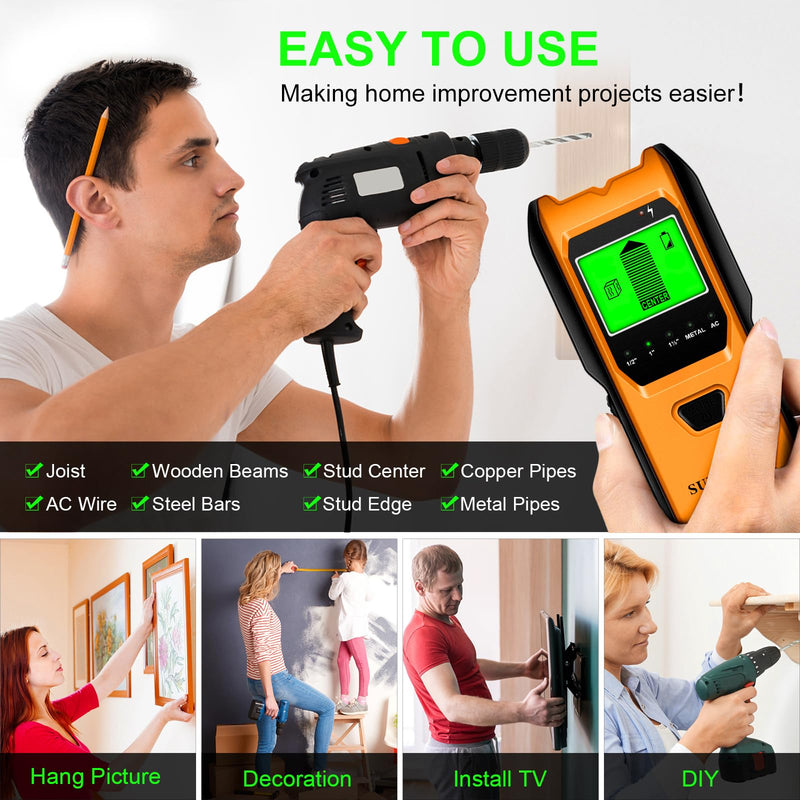 Stud Finder Wall Scanner - 5 in 1 Electronic Stud Detector with Upgraded Smart Sensor, Audio Alarm and HD LCD Display for the Center and Edge of Wood, AC Wire, Metal and Studs Detection (Amber)