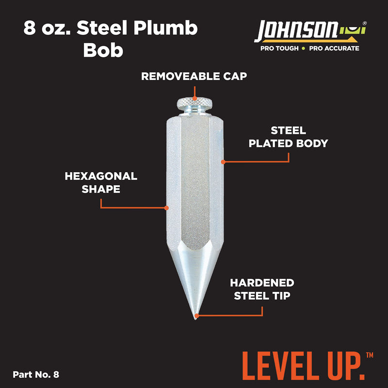 Johnson Level & Tool 08 Steel Hexagonal Plumb Bob, 8 oz., Steel Finish, 1 Pack 1 Count (Pack of 1)