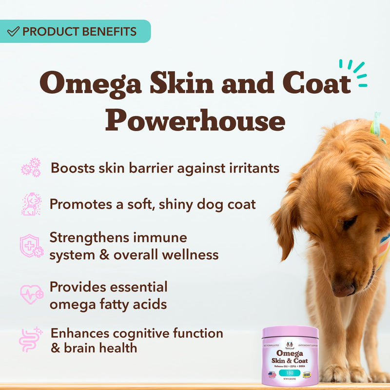 Natural Dog Company Omega Chews for Dogs Skin & Coat Support with Salmon Oil & Omega-3 Fatty Acids, Helps Itchy Skin, Dryness, Shedding, Supports Joints, Heart,Immune System & Overall Health (180 cnt) 180 Count - Chew