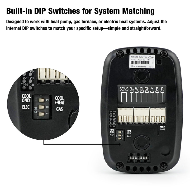 9420A382 Digital Wall Thermostat - 12V Heating & Cooling, Fan Speed & System Control, Easy-Connect Terminals, Black