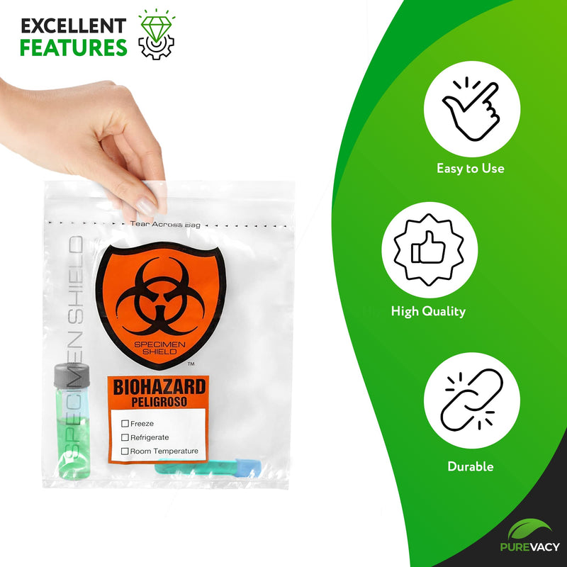 Biohazard Specimen Bags, 8 x 10 Inches. Pack of 100 Clear Biohazard Bags. 3-Wall Polyethylene Speciman Bag, 2 Mils. Waterproof Plastic Bag with Pull-to-Tear Zipper and Orange Hazard Sign 8" x 10" / Orange-Black 1 Count (Pack of 100)