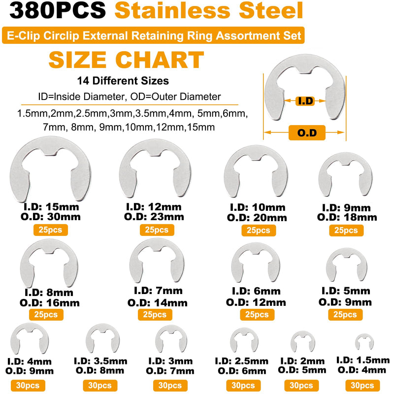 Toolly 380Pcs 304 Stainless Steel E-Clip Circlip External Retaining Ring Assortment Set, 14 Sizes