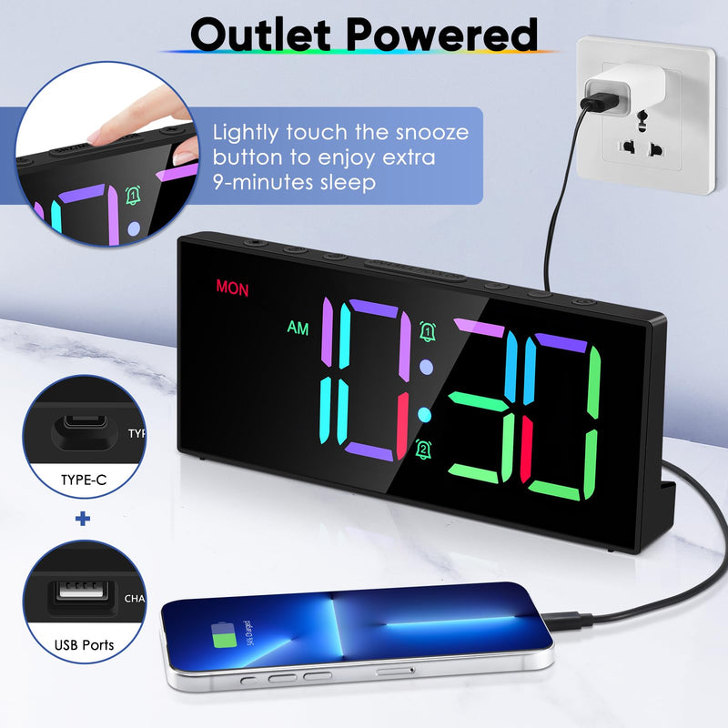 Loud Alarm Clock for Heavy Sleepers, Digital Clocks with Adjustable Volume Brightness,Snooze,Battery Backup, Large Numbers Display RGB Colorful Changing Clock for Bedrooms,Offce Living Rooms