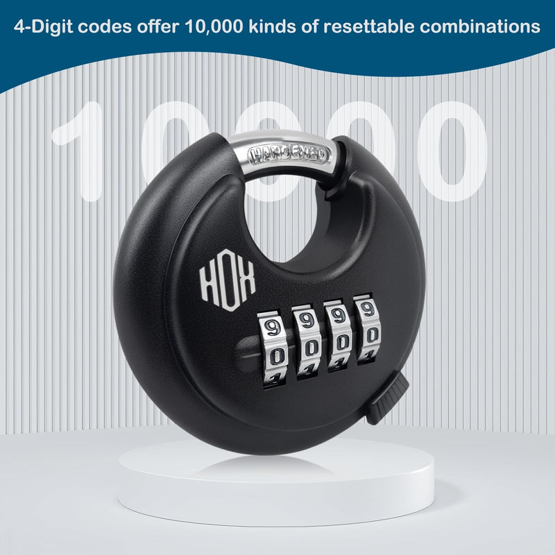 HOX Combination Lock, 4 Digit Disc Padlock with 3/8 Inch Hardened Steel Shackle, 2-3/4 Inch Zinc Alloy Wide Body, Keyless Heavy Duty Combo Lock for Hasp Latch, Sheds, Fences, Storage Locker (4 Pack) 4 Pack