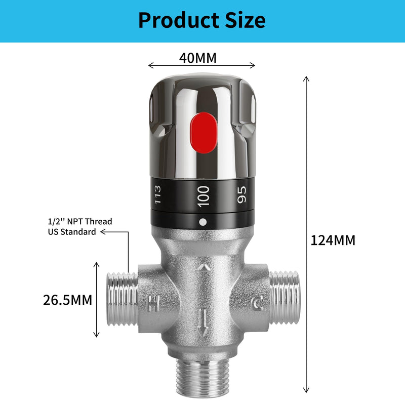 FUGO 1/2 NPT Thermostatic Mixing Valve,Water Mixing Valve with 1/2 NPT Male Connections,Solid Brass,Chrome Gray