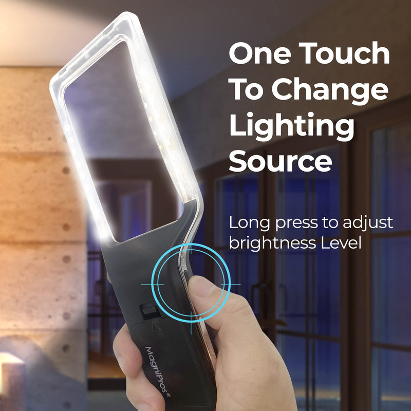 MagniPros Patented 6X Rechargeable Magnifying Glass with 3 Color Light Modes & Anti-Glare Lens - Relieve Eye Strain | Perfect for Low Vision Seniors, Macular Degeneration & Fine Print Black