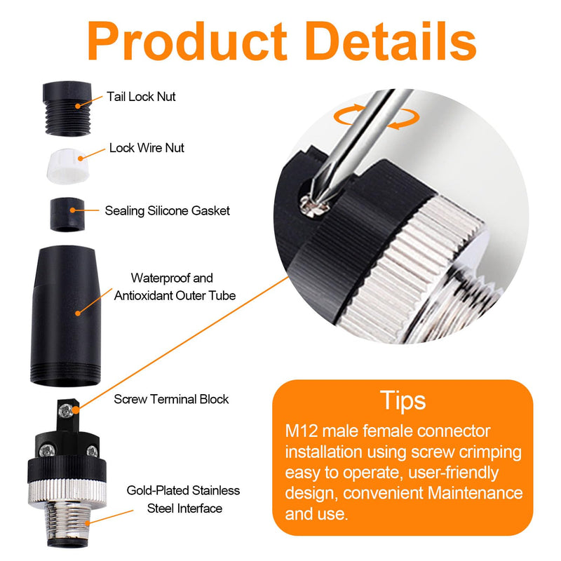 10Pcs M12 5-Pin Aviation Connector Male A Code, Industrial Field Assembly Plug 12mm IP67 Waterproof for Circular Socket Panel Sensor 5 Pins M12 Straight Male